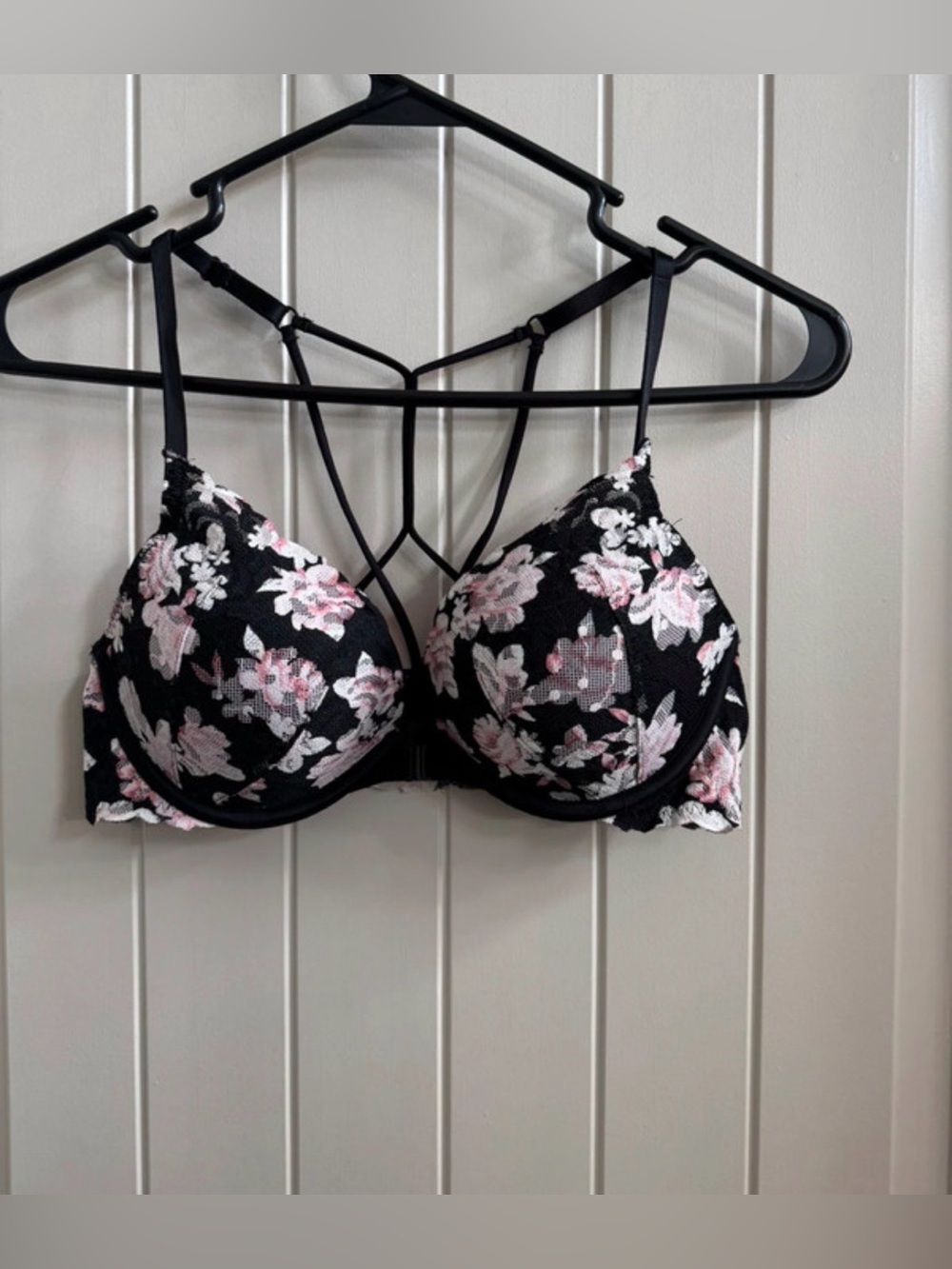 PINK Victoria's Secret Black Bra with Pink Floral Embroidery and Strappy Back